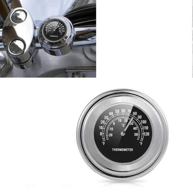 Analoge Lenkeruhr und Thermometer in Chrom